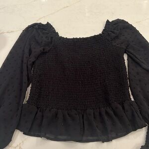 Black ruched long sleeve top, girls Xl women’s XS, sheer sleeves